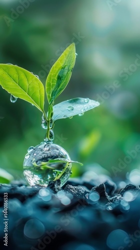A drop of water with a plant on a background of greenery, a symbol of growth and life, perfect for nature, ecology and environmental themes.