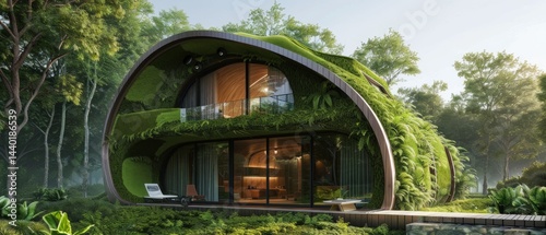 Obraz na płótnie Eco-house with green roof in the forest, modern design and harmony with nature, suitable for the themes of architecture, sustainable development and green living. w salonie