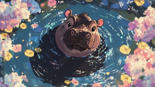 A watercolor illustration of a cute hippopotamus swimming in water, surrounded by numerous petals and flowers, creating a serene and peaceful scene.