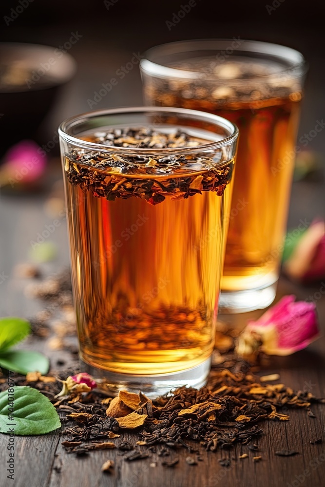 Fototapeta premium Tea in a glass with dried tea leaves on a wooden background.