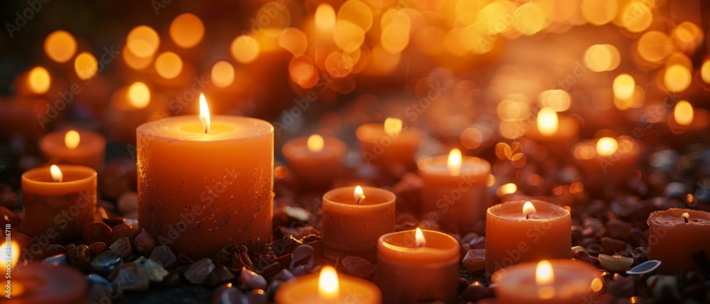 Lots of burning candles against a background of blurred light, create a cozy and warm atmosphere..Blogs about relaxation, meditation, romantic evenings, festive events.