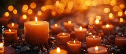 Obraz na płótnie Lots of burning candles against a background of blurred light, create a cozy and warm atmosphere..Blogs about relaxation, meditation, romantic evenings, festive events. w salonie