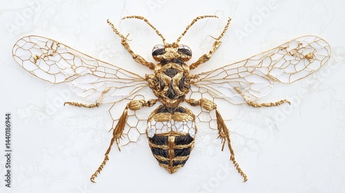An embroidered depiction of a wasp, intricately crafted with golden threads.