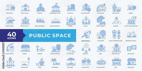 Public Space icon set with Post Office, Health Clinic, Hospital, Government Office, Tax Office, Police Station, Bus Station, Fire Station, Library, Public School, airport, bank and transportation