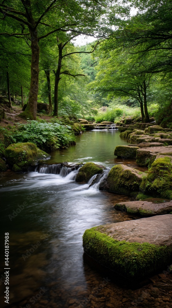 Obraz premium Serene forest stream flowing over mossy rocks