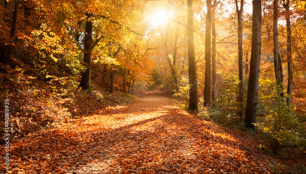 Obraz premium enchanting autumn forest path with falling leaves and warm light