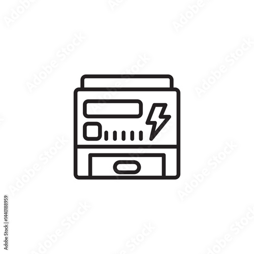 A device with a display showing bars, a square, a rectangle, and a lightning bolt icon. It also has a button at the bottom.
