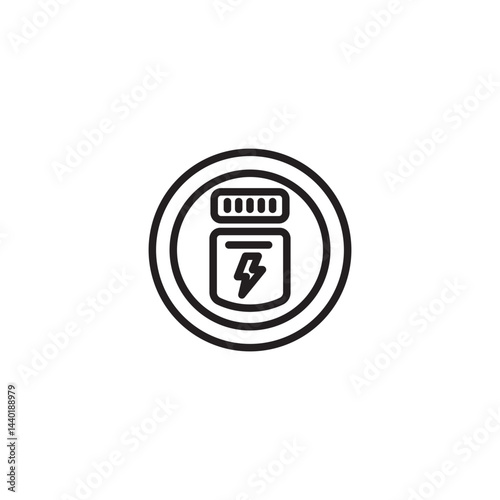 A circular icon containing a stylized container with horizontal lines and a lightning bolt symbol.