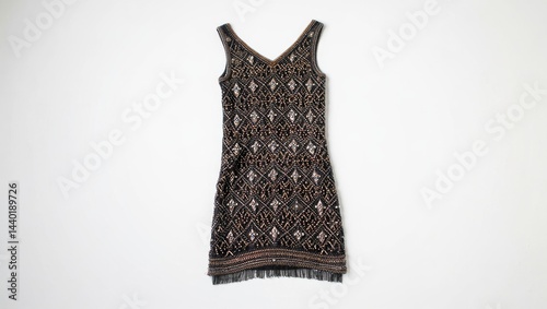 1920s Beaded Flapper Dress, Intricate Patterns, Sleeveless, Straight Cut, White Background, AI Generated