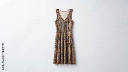1920s Beaded Flapper Dress, Intricate Patterns, Sleeveless, Straight Cut, White Background, AI Generated