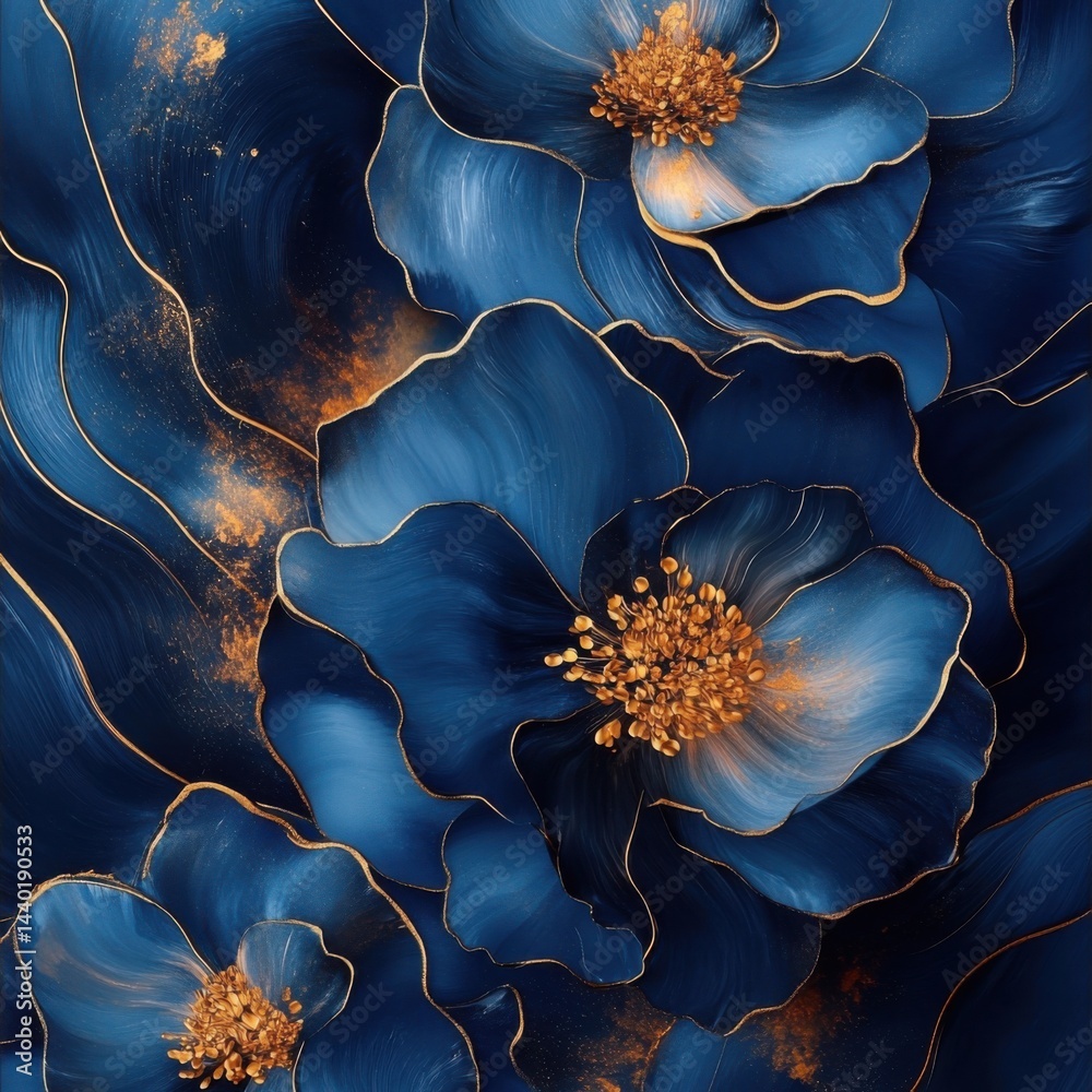 Obraz premium Blue Floral Abstract Design with Golden Accents on Dark Background