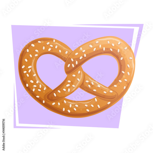 A salty pretzel on a purple background. Bavarian appetizer. View from above. The concept of confectionery, baking, cooking, Oktoberfest. Isolated vector illustrations for menu design, posters, banners