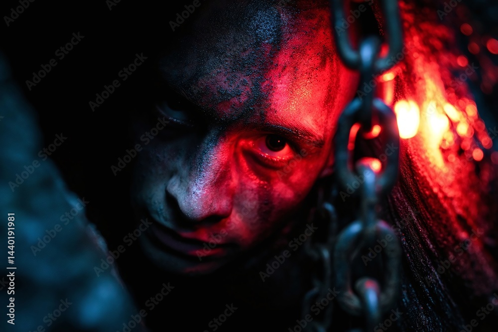Intense close-up of a person with dramatic lighting and chains, evoking a sense of struggle and confinement