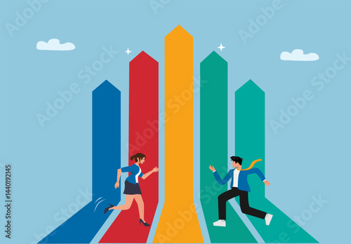 Business Team Running Towards Growth Success with Colorful Bar Chart