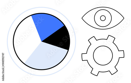 Minimalistic pie chart divided into segments, line-drawn eye, and gear. Ideal for analytics, productivity, data-driven projects, innovation, collaboration, visualization and a simple landing page