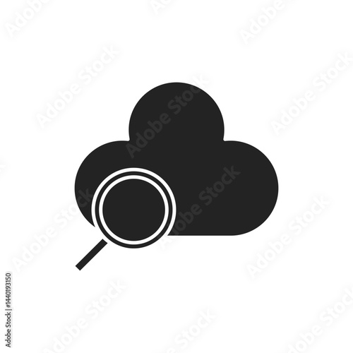 Magnifying lens glass with a cloud black shaped isolated cyberspace sign. Vector icon in flat style.