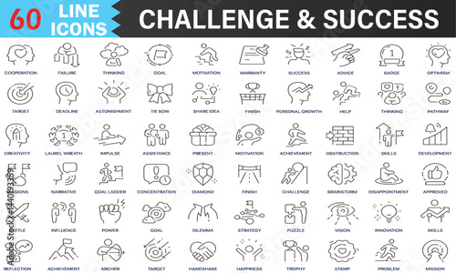 Challenge and Success line icons pack contain strategy, vision, goal, achievement Icons for UI/UX. Editable Vector EPS10
