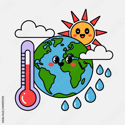 Cute Earth Global Warming Climate Change Cartoon Illustration
