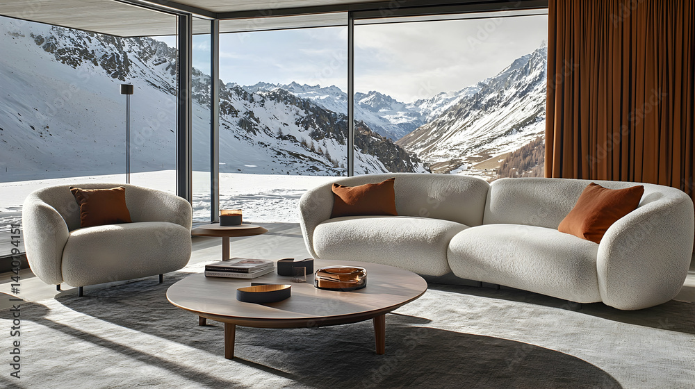 Fototapeta premium Modern Interior with Cozy Furniture and View of Snowy Mountains