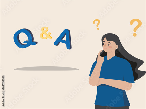 Q and A session, FAQ or frequently asked questions discussion data for answer or information to solve problem concept. Woman with curious face and question mark flat vector illustration design.