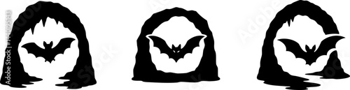 Silhouettes of bats flying out of caves, depicted in three contrasting black and white graphic versions.