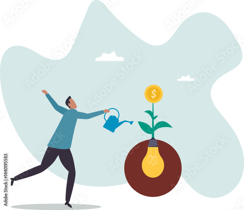 Monetize idea, make profit from creativity or innovation, earn money thinking, startup or fund raising .character for design.