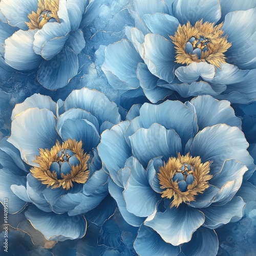 Elegant Blue Peonies with Golden Accents in a Floral Pattern
