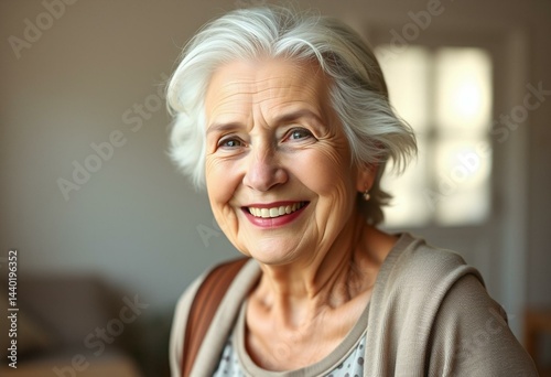 Photorealistic portrait of a joyful elderly woman