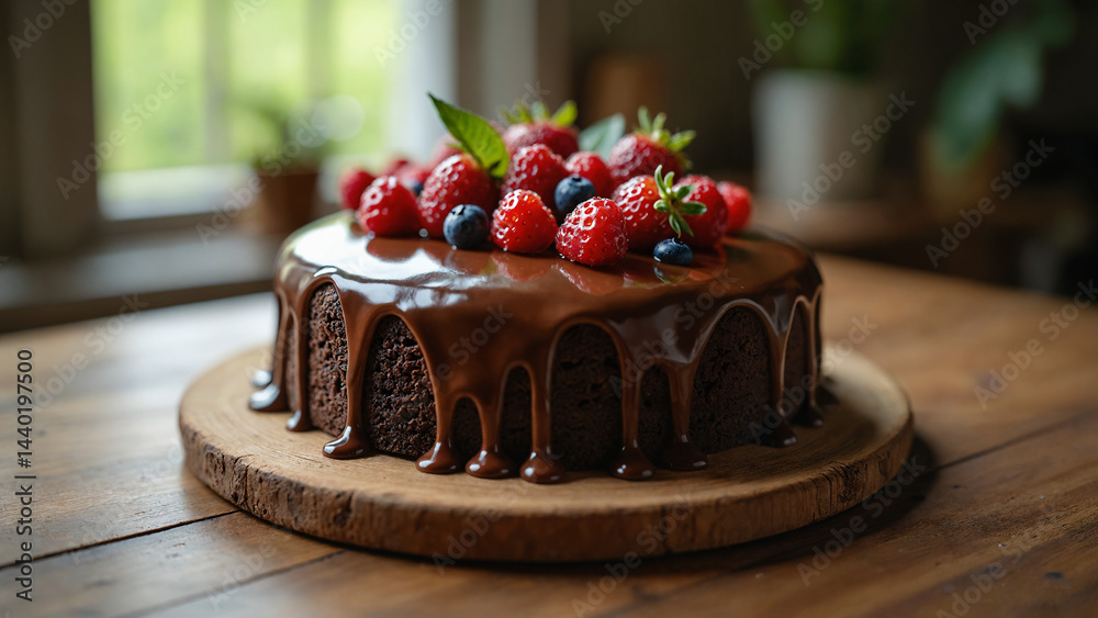 Chocolate cake with strawberries.