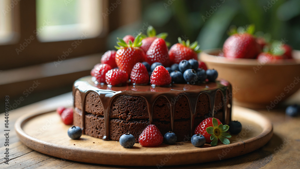Chocolate cake with strawberries.