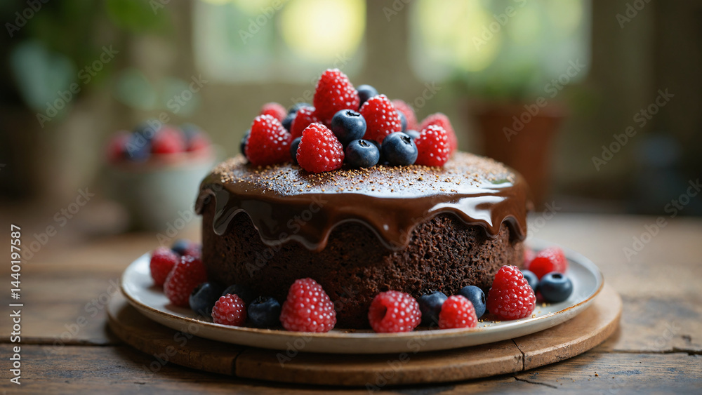 Chocolate cake with strawberries.