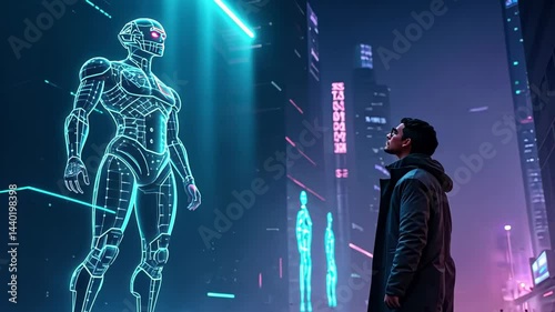 Exploring a futuristic city with holographic robots engaging in digital conversations at night Generative AI