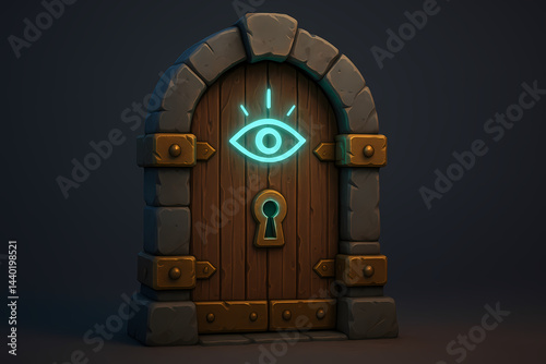 Fantasy Door 3D Illustration with Arcane Eye and Enchanted Brass Strips

