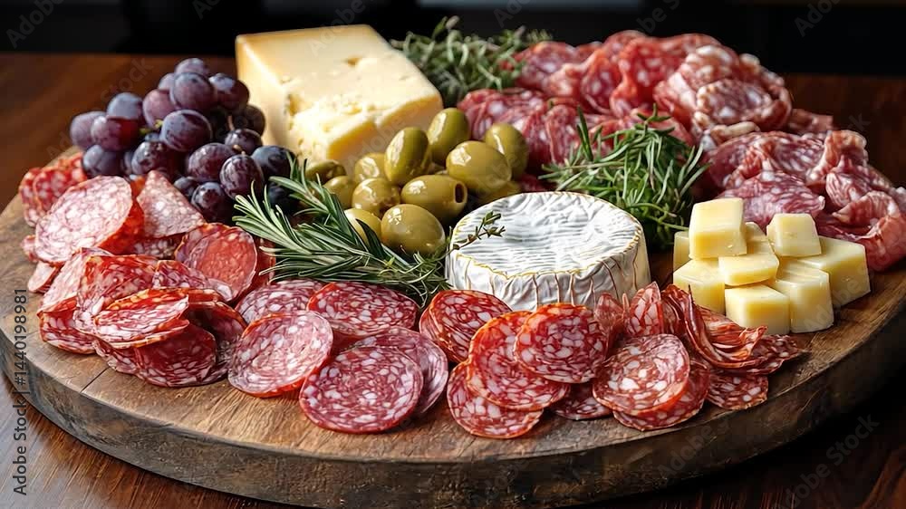 Assorted cheeses, cured meats, and olives on a wooden board. Assorted cheeses, cured meats, and olives on a wooden board.