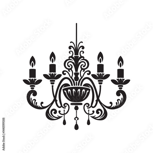 Chandelier Silhouette Vector Illustration, Solid White Background.