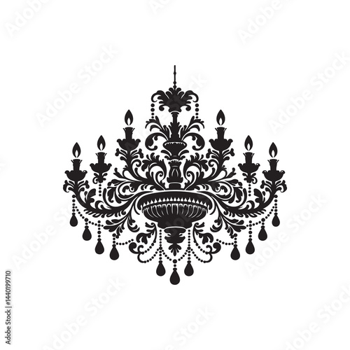Chandelier Silhouette Vector Illustration, Solid White Background.