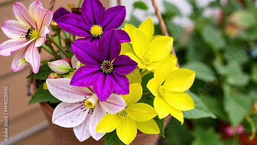 Springtime Delights:  Yellow, Green, and Purple Tiarella, Coffee Blossom, and Anemone in Outdoor Planter