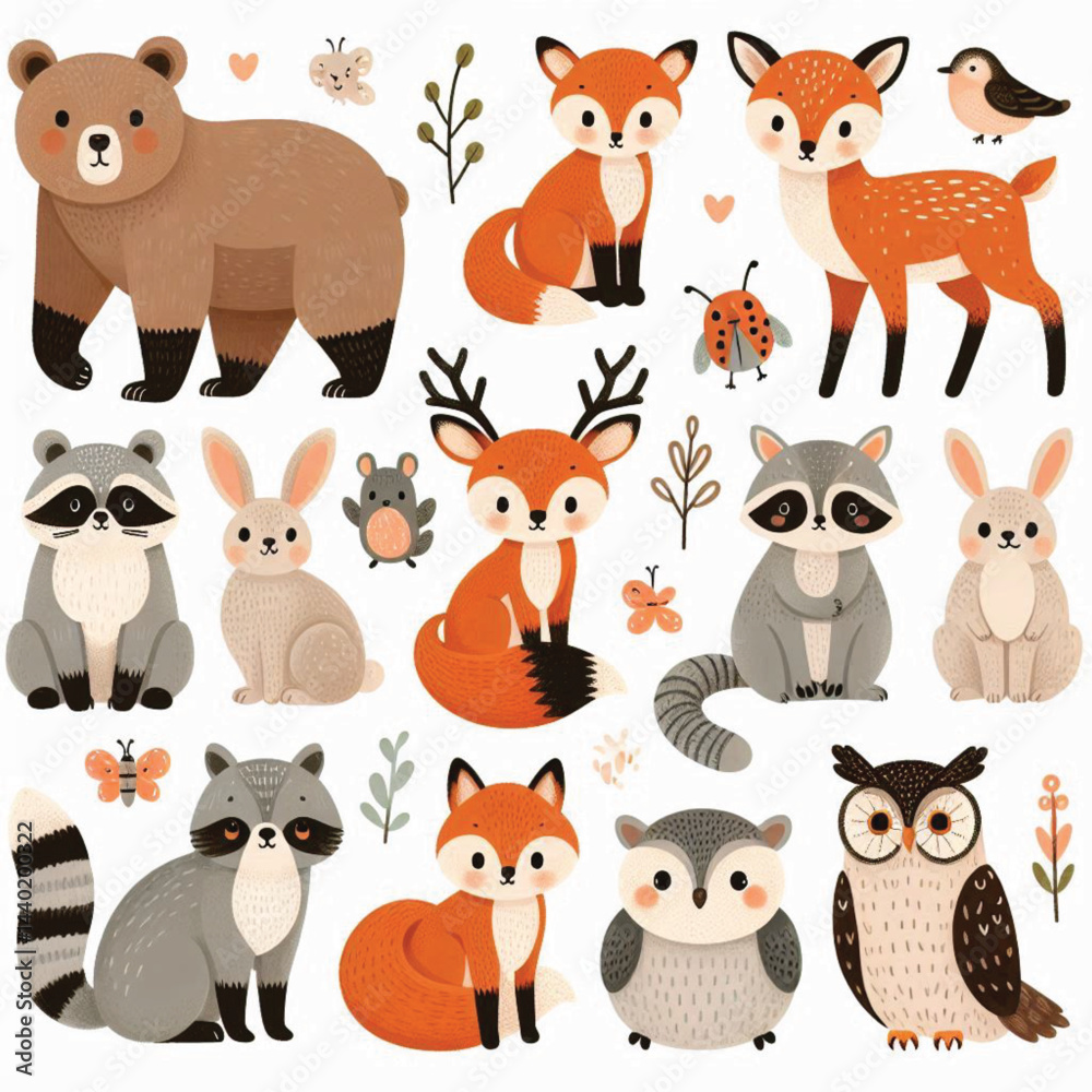 Obraz premium Cute woodland forest animals vector illustration including a bear, foxes, deer, raccoon, rabbit, rat, squirrel, and owl on white background
