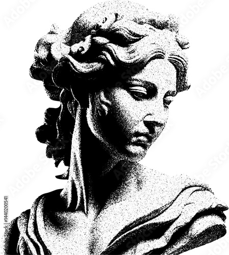 Classical female bust statue in black and white stipple engraving style. portrait of a woman with a tattoo