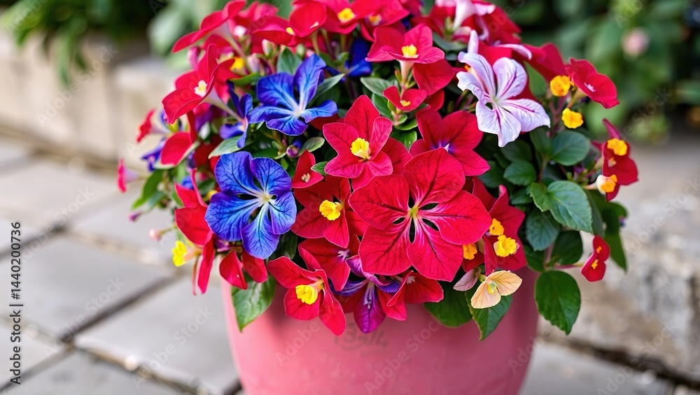 Summer Blooms in a Magenta Stone Pot - Red, Blue, and Gold Lagerstroemia, Vinca, and Syringa