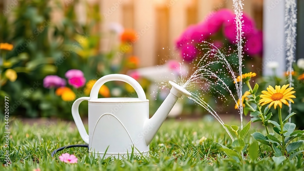 Summer Garden Watering Scene with Sprinkler and Watering Can