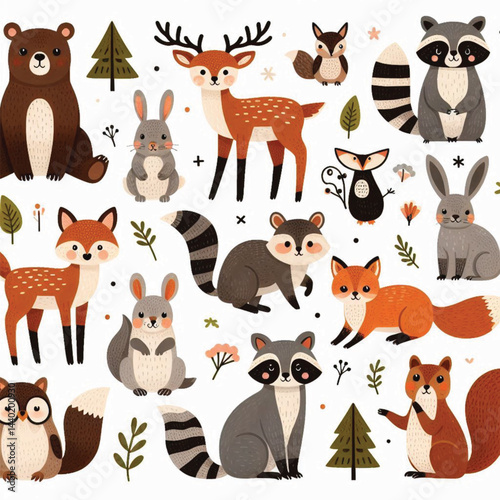 Cute woodland forest animals vector illustration including a bear, foxes, deer, raccoon, rabbit, rat, squirrel, and owl on white background