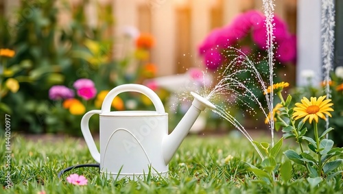 Obraz na płótnie Summer Garden Watering Scene with Sprinkler and Watering Can w salonie
