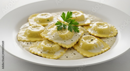 Delicious ravioli pasta dish with creamy sauce and parsley
