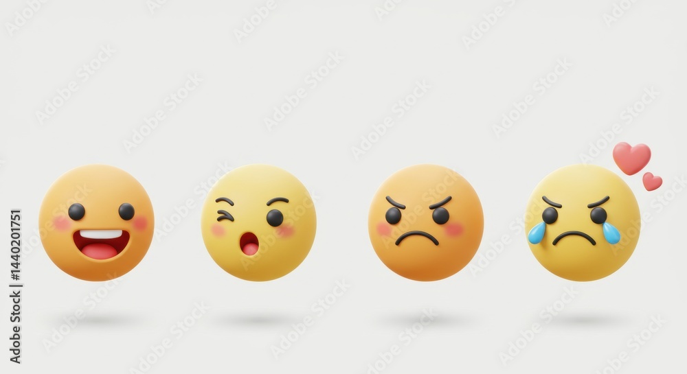 Row of 3D Rendered Expressive Yellow Faces Displaying Varied Emotions Row of 3D Rendered Expressive Yellow Faces Displaying Varied Emotions