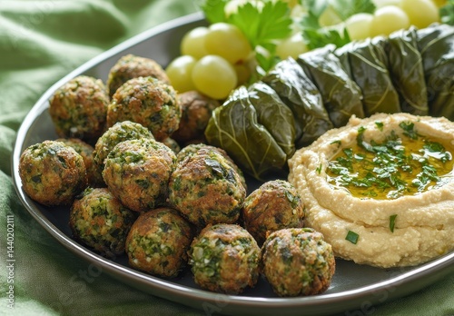 Delicious platter of falafel, grape leaves, hummus, and fresh green grapes served on a silver plate, perfect for Mediterranean cuisine lovers