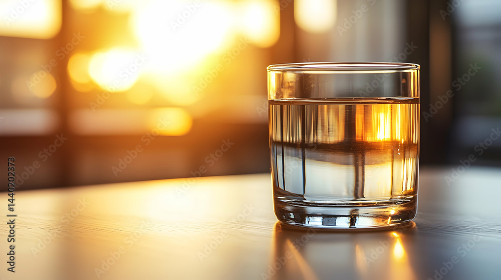 Glass of Water with Golden Light during Sunset in Cozy Interior Glass of Water with Golden Light during Sunset in Cozy Interior