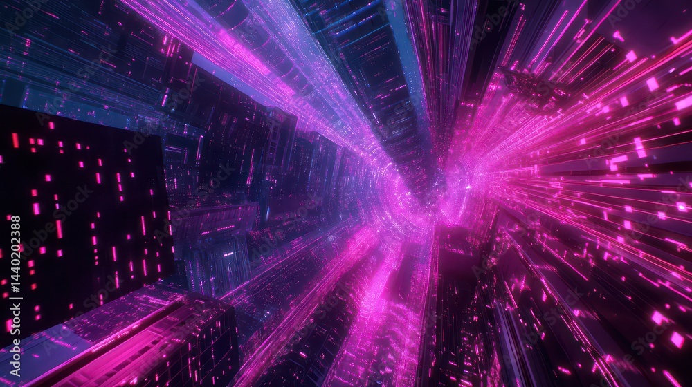 Obraz premium Cyberpunk Cityscape Tunnel Neonlit Architecture and Speeding Lights