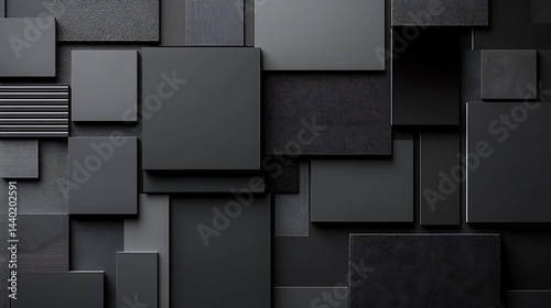 Elegant flat lay composition in grey and black color palette with textile and paint samples, lamella panels and tiles. Architect and interior designer moodboard. Top view. Generative Ai