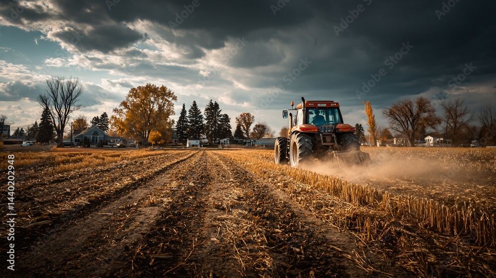 Fototapeta premium Tractor plowing field, dramatic sky